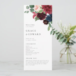 Programa Casamento Floral em Aquarela Burgundy e Azul Naval