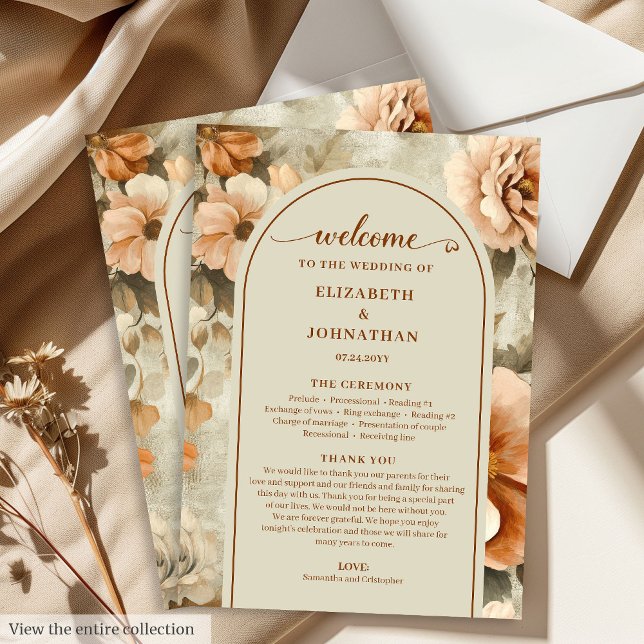 Programa Casamento Floral Marfim Cobre Boho Minimalista  (Minimalist Boho Copper Ivory Sage Floral Wedding Program

)