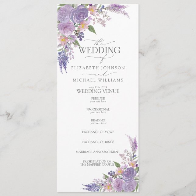 Programa Casamento Floral Mauve Script da Lavanda Lilac Mod (Frente)