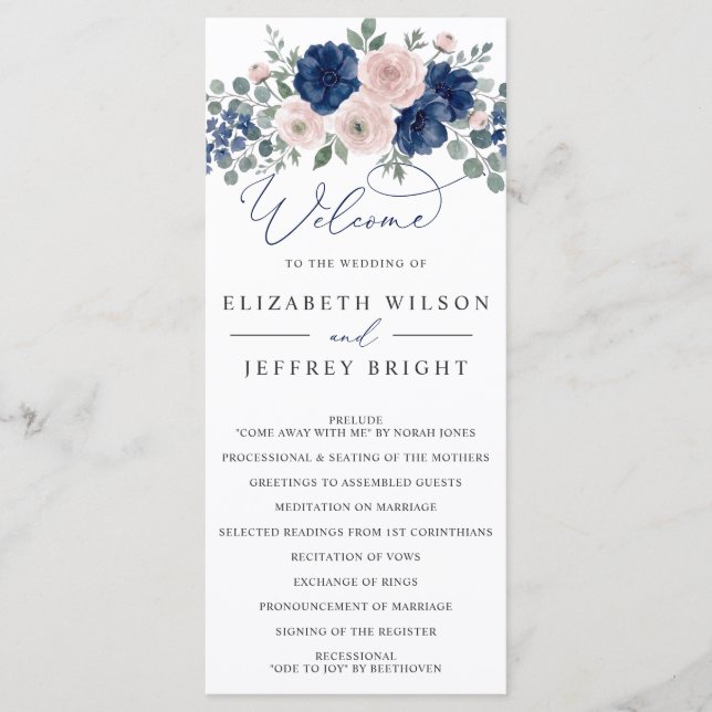 Programa Casamento Floral Moderno Azul Marinho e Bege (Frente)