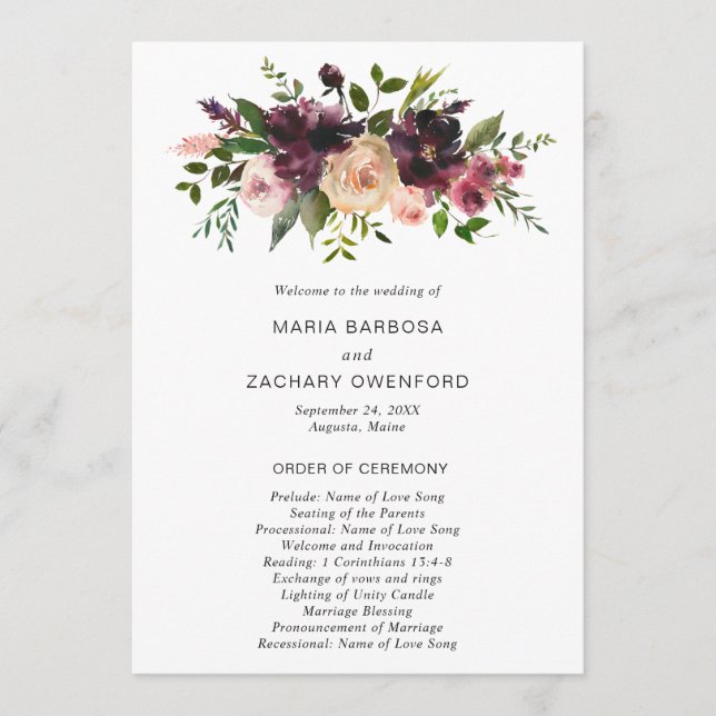 Programa Casamento Floral Outonal Rústico Burgundy Elegante (Frente)
