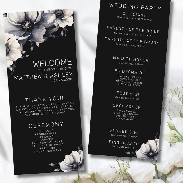 Programa Casamento Floral Preto Moderno Elegante (Elegant Modern Floral White Black Wedding Program)