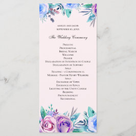 Programa Casamento floral rosa e azul. Flores aquarela