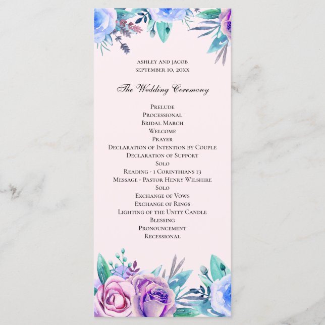 Programa Casamento floral rosa e azul. Flores aquarela (Frente)