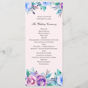 Programa Casamento floral rosa e azul. Flores de aquarela