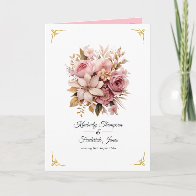 Programa Casamento Floral Rosa e Dourado (Frente)