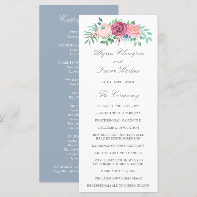 Programa Casamento Floral Rosa Elegante Azul Empoeirado (Frente/Verso)