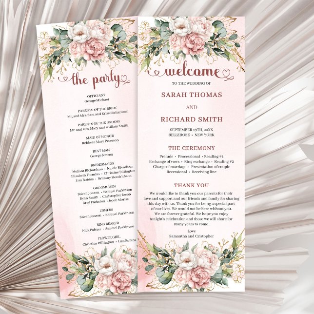 Programa Casamento Floral Rosa Eucalipto Jardim da Moda (Garden Blush Pink Floral Eucalyptus Wedding Program)