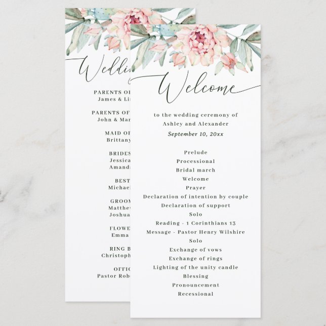 Programa Casamento Floral Rosado. Botânica Elegante em Aqua (Frente/Verso)