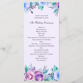 Programa Casamento floral roxo e azul. Flores aquarela
