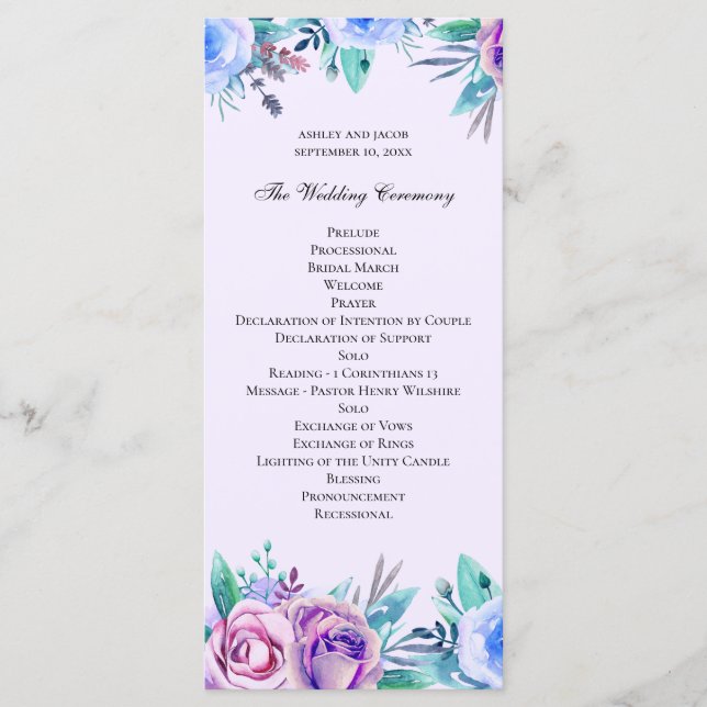 Programa Casamento floral roxo e azul. Flores aquarela (Frente)
