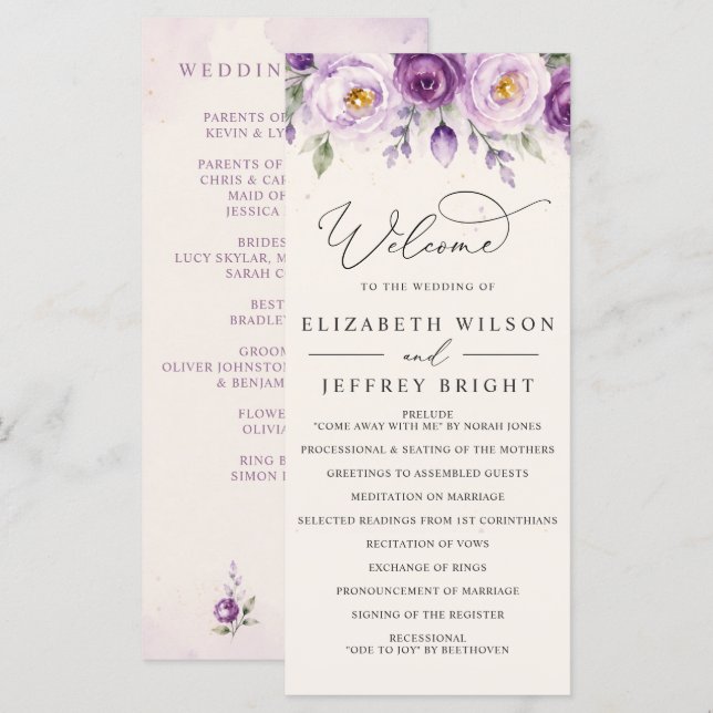 Programa Casamento Floral Roxo Lavanda Botânico Elegante (Frente/Verso)