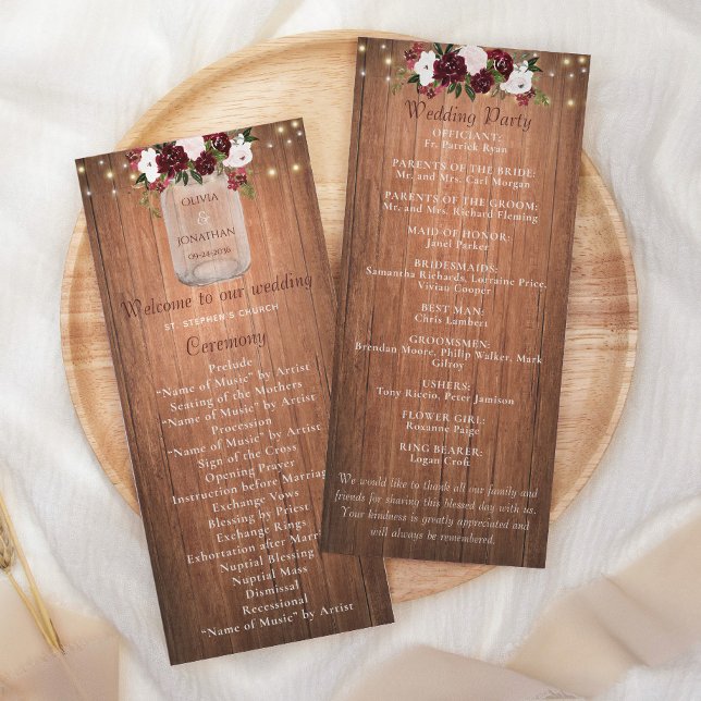Programa Casamento Floral Rustic Wood Mason Jar Burgundy (Criador carregado)