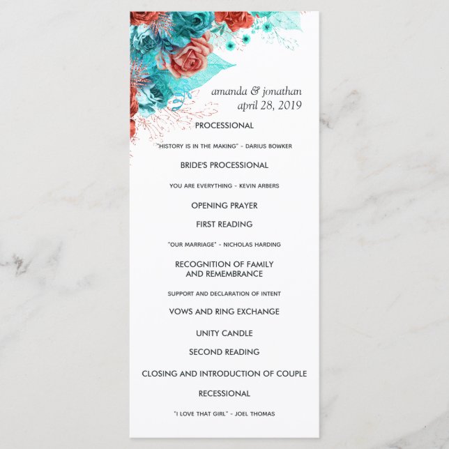 Programa Casamento Floral Rústico Turquesa e Coral (Frente)