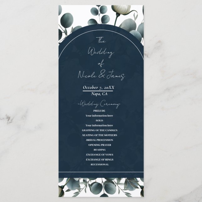 Programa Casamento Floral Verde Moderno Azul Escuro e Branc (Frente)