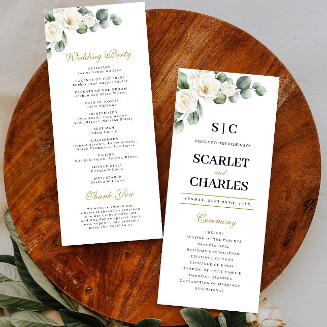 Programa Casamento Floral Verdejante Rosa Branca Eucalipto (Eucalyptus white rose wedding program guides guests with timeless botanical elegance.)