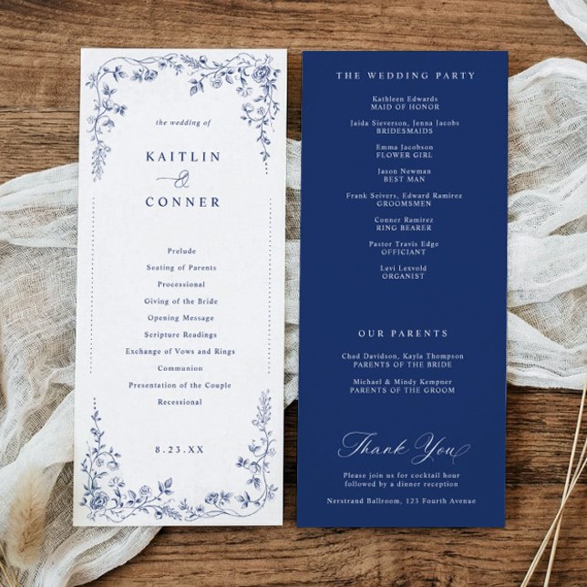 Programa Casamento Francês Floral Vitoriano Azul Marinho Vi (Navy blue wedding program with vintage French chinoiserie floral frame)