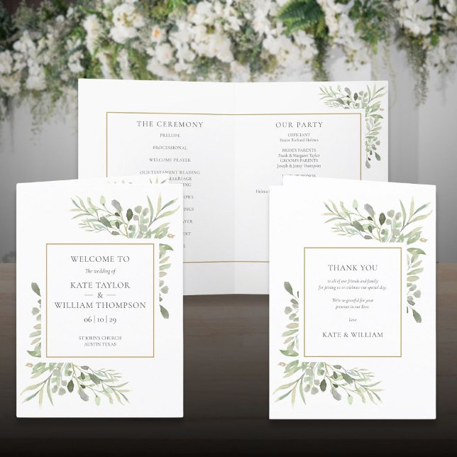 Programa Casamento Geométrico Dourado com Folhagem Verde (Greenery Foliage Gold Geometric Wedding Program)
