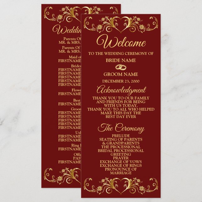 Programa Casamento Geométrico Dourado Vermelho Elegante  (Frente/Verso)