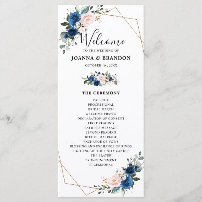 Programa Casamento Geométrico Floral com Blush Azul-marinho (Frente)