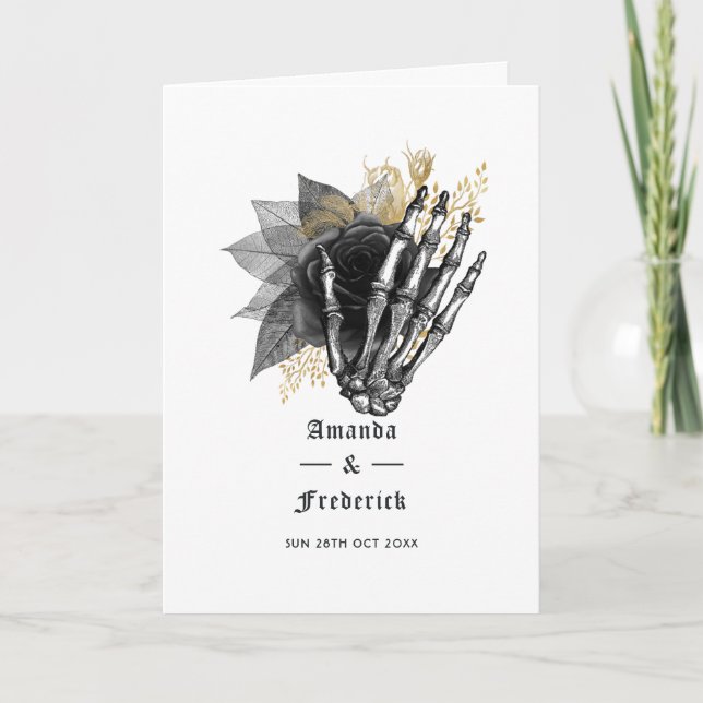 Programa Casamento Gótico Esqueleto Floral Preto e Dourado (Frente)