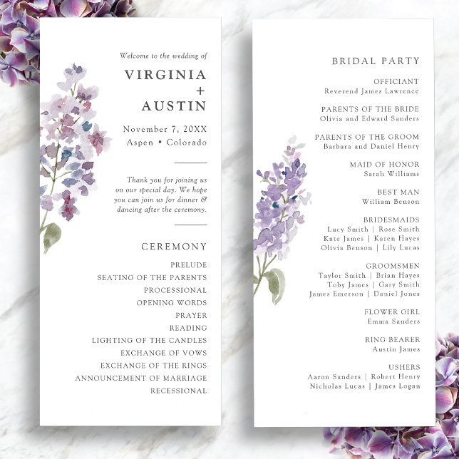 Programa Casamento Lilás Elegante (Elegant Watercolor Lilac Wedding Program by Painted Paperie
)