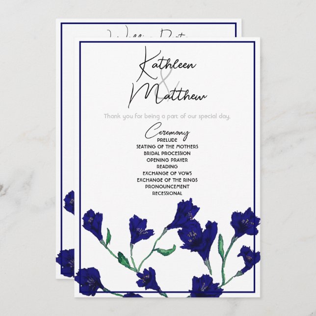 Programa Casamento marinho Azul Floral Watercolor (Frente/Verso)