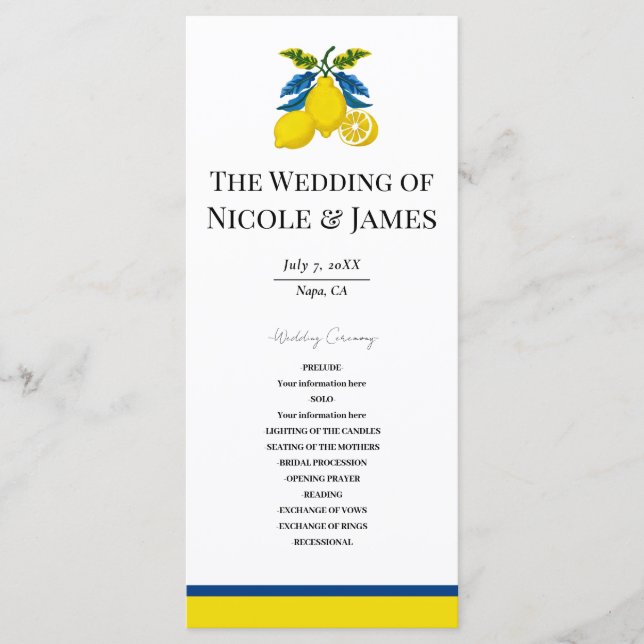 Programa Casamento Mediterrâneo Aquarela Limão Amarelo Azul (Frente)