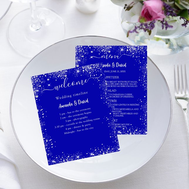 Programa Casamento - Menu azul real - brilho prata (Criador carregado)