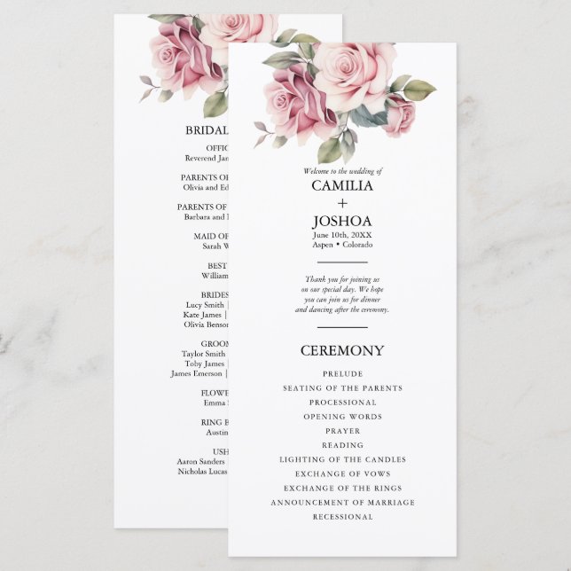 Programa Casamento Moderno Chic Elegante Romântico Rosa Ros (Frente/Verso)