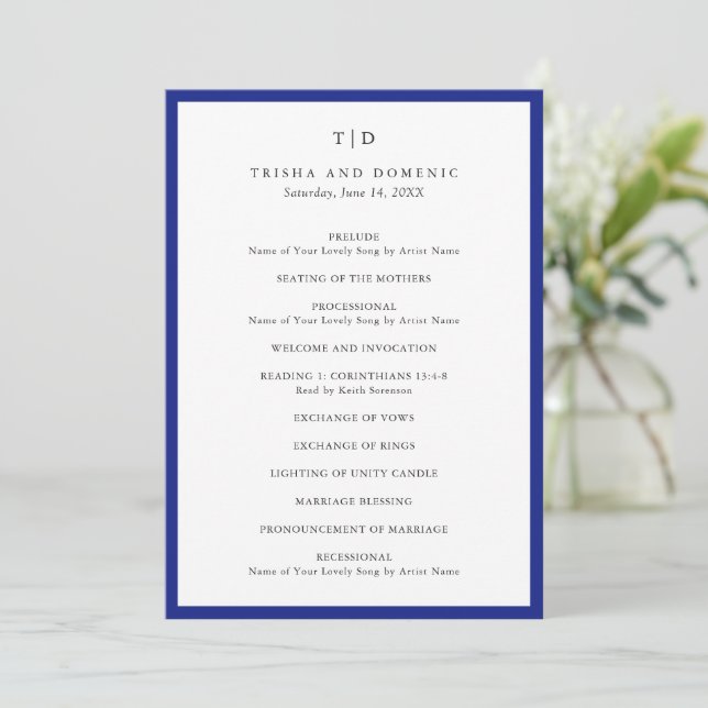 Programa Casamento Moderno com Monograma Azul Real Elegante (Em pé/Frente)