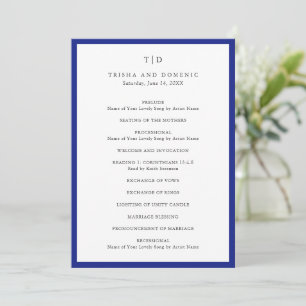 Programa Casamento Moderno com Monograma Azul Real Elegante