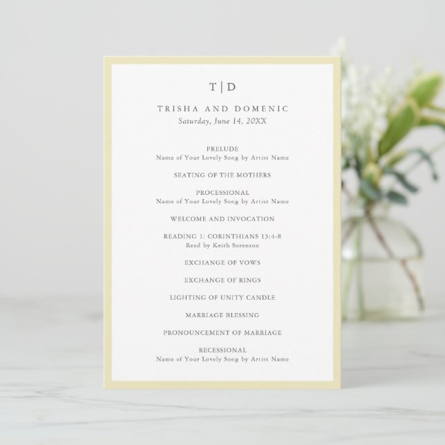 Programa Casamento Moderno com Monograma Elegante em Amarel (Em pé/Frente)