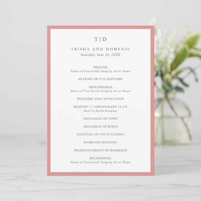 Programa Casamento Moderno com Monograma Rosa Coral Elegant (Em pé/Frente)