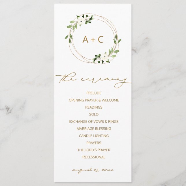 Programa Casamento Moderno Dourado Geométrico Folhagem Aqua (Frente)