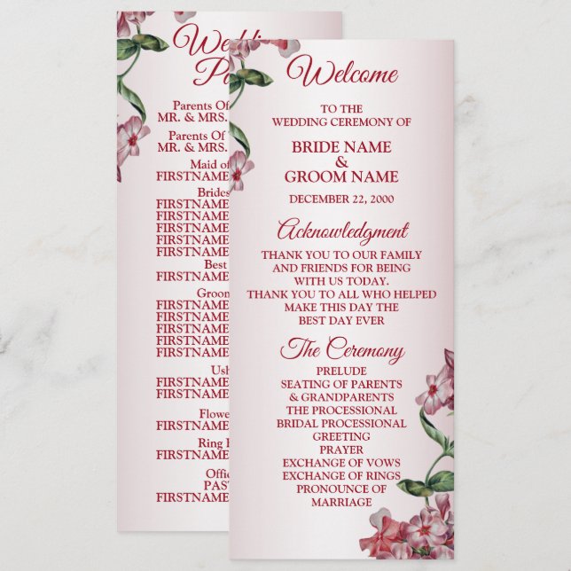 Programa Casamento Moderno Folhas Verde Floral Rosa Vermelh (Frente/Verso)