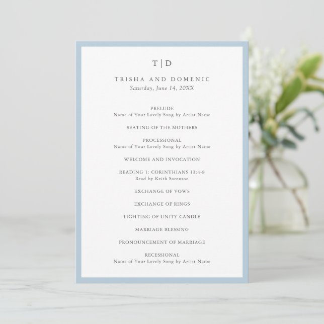 Programa Casamento Moderno Monograma Azul Pó Elegante (Em pé/Frente)