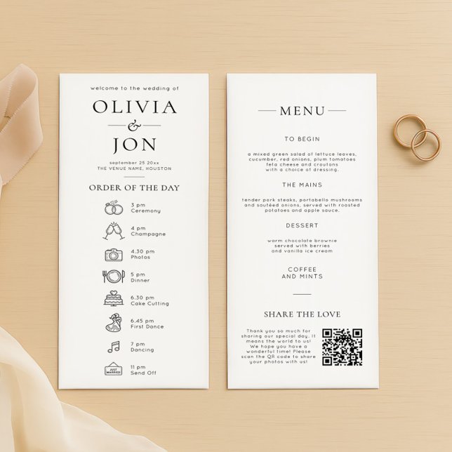 Programa Casamento Moderno Preto e Branco Ordem do Dia e Ca (Front and back view)