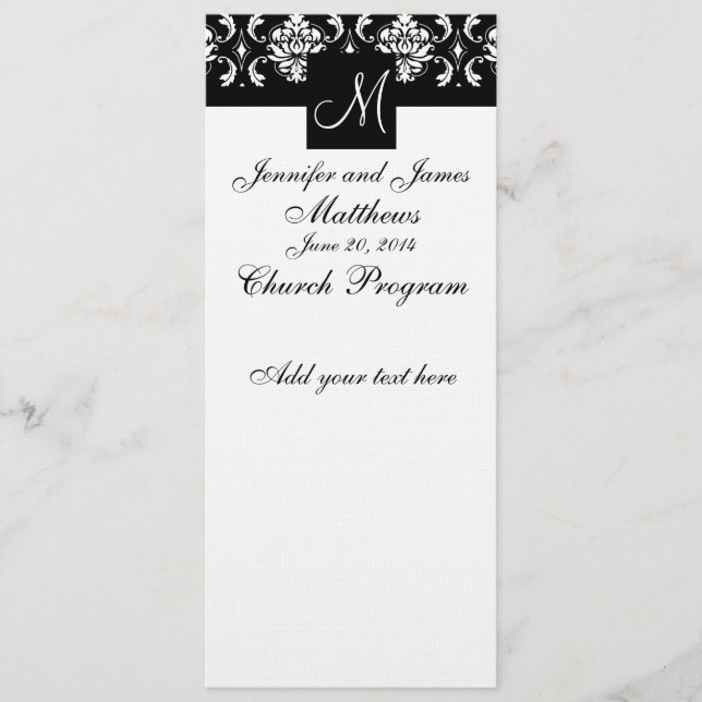 Programa Casamento Monograma Black White Damask (Frente)