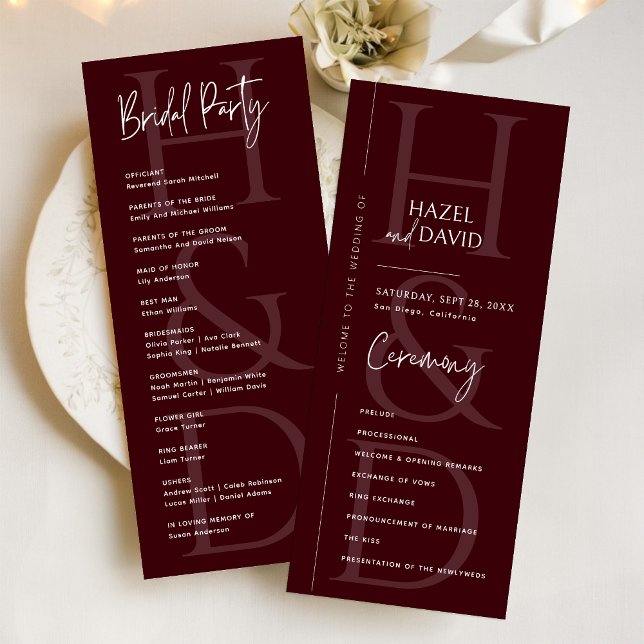 Programa Casamento Monograma Borgonha Minimalista Moderno (Modern minimalist burgundy monogram program adds a rich, elegant touch to your ceremony.)