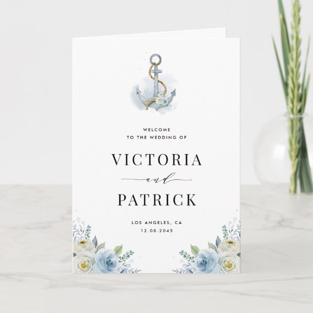 Programa Casamento Náutico Âncora Floral Azul Aquarela (Frente)