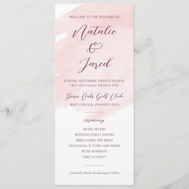 Programa Casamento por Aquarela Cor-de-Rosa Esbranquiçada (Frente)