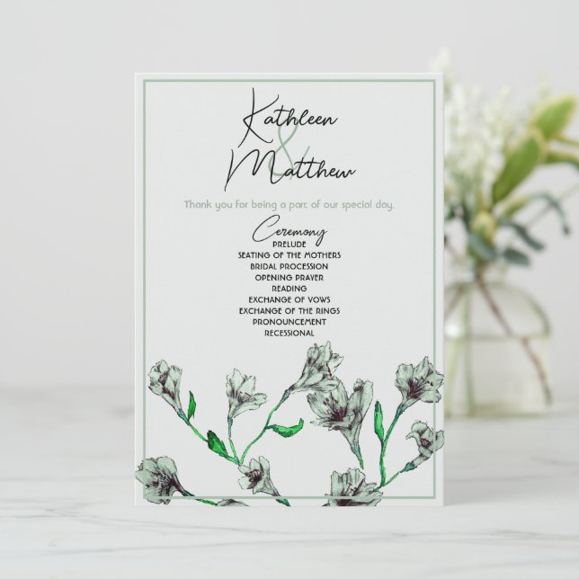 Programa Casamento por Aquarela Floral Verde Sage (Em pé/Frente)