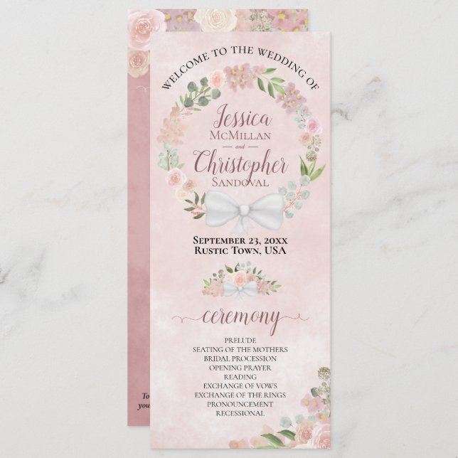 Programa Casamento por terra Elegante Dusty Rosa Watercolor (Frente/Verso)