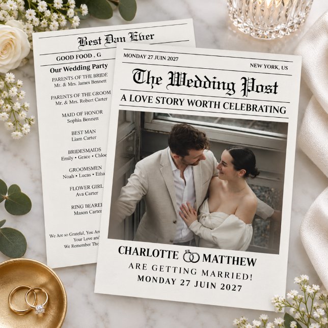 Programa Casamento Preto e Branco de Jornal Moderno (newspaper wedding programs unique timeline modern elegant black and white minimalist unique)