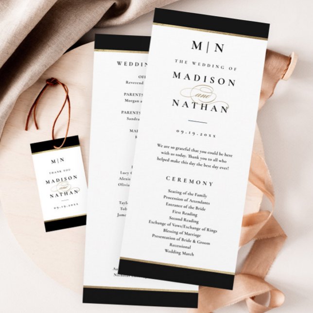 Programa Casamento Preto e Dourado com Monograma Elegante (Elegant black and gold wedding program. Gift tag sold separately.)