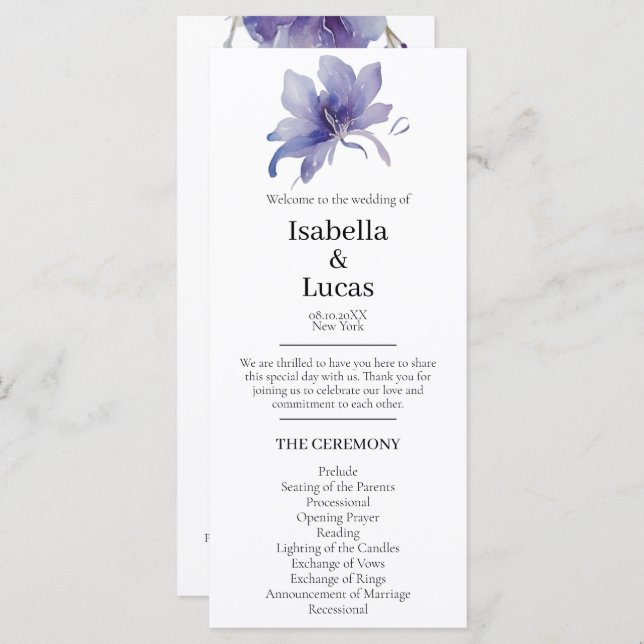 Programa Casamento Purple Iris Watercolor (Frente/Verso)