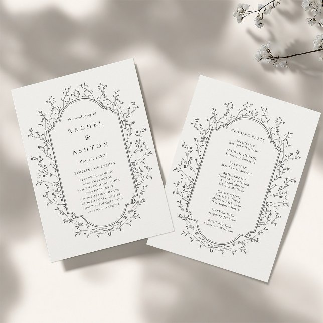 Programa Casamento Quadro Botânico Preto Elegante Vintage  (Front & Back)