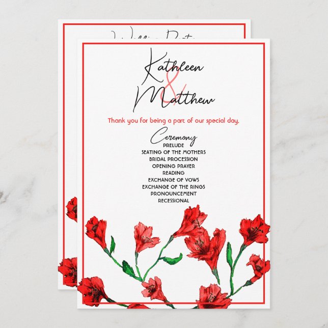 Programa Casamento Red Floral Watercolor (Frente/Verso)