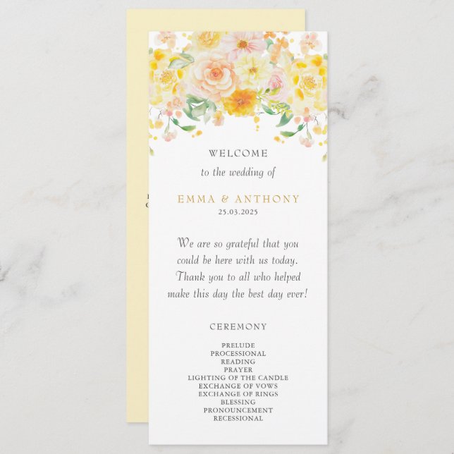 Programa Casamento Romântico Amarelo-Amarelo-Floral-Aquarel (Frente/Verso)